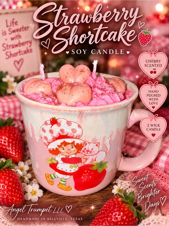 Angel Trumpet LLC Other - Handmade Strawberry Shortcake Mug Cherry Soy Candle 2 Wick